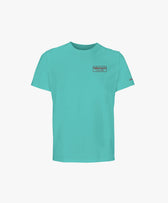 Vue de face du t-shirt classique jade Salut Fred avec broderie « Thérap(e)ute À votre service » sur la poitrine gauche et broderie Salut Fred sur la manche gauche