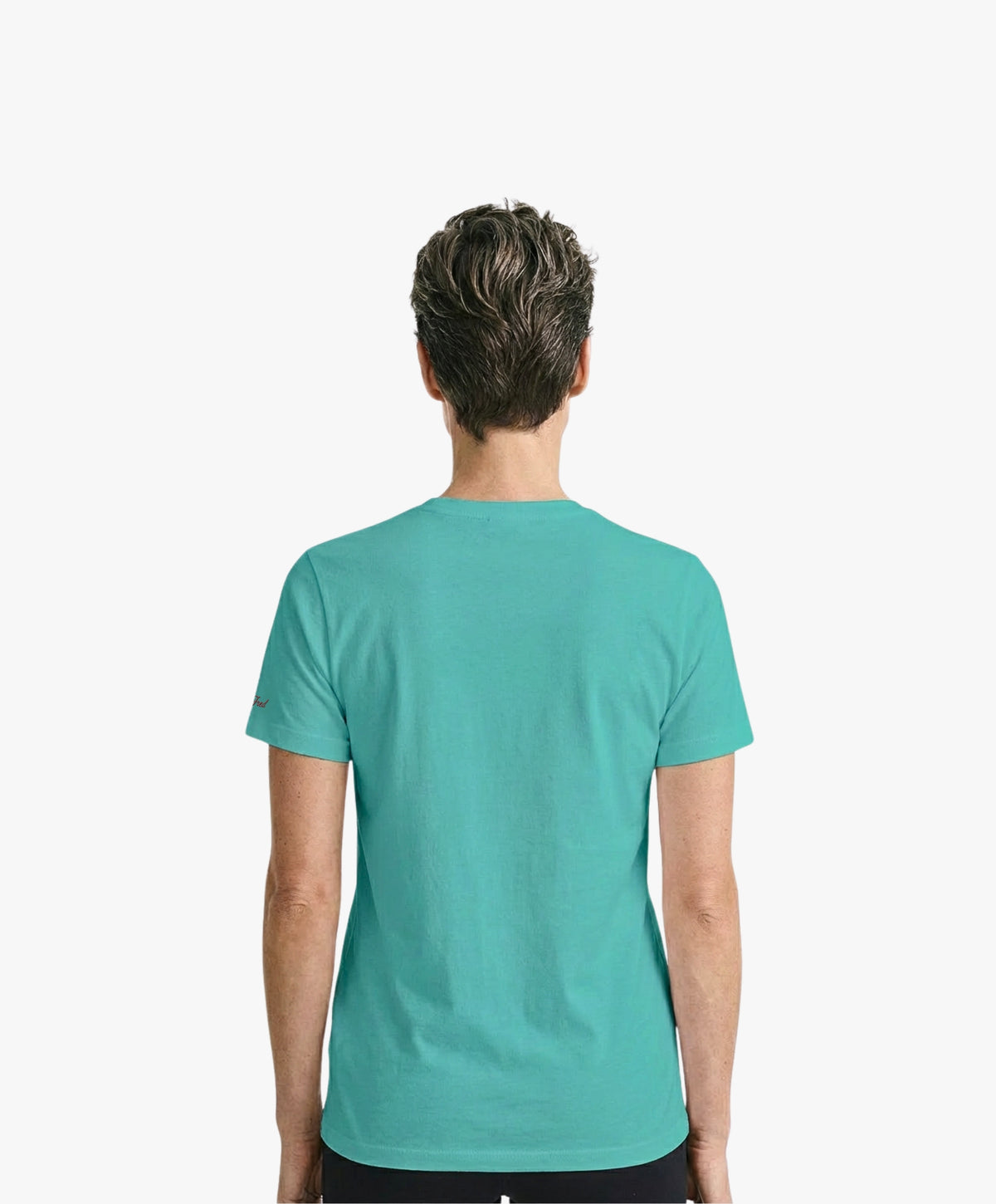 Vue de dos d’une femme portant un t-shirt classique jade Salut Fred
