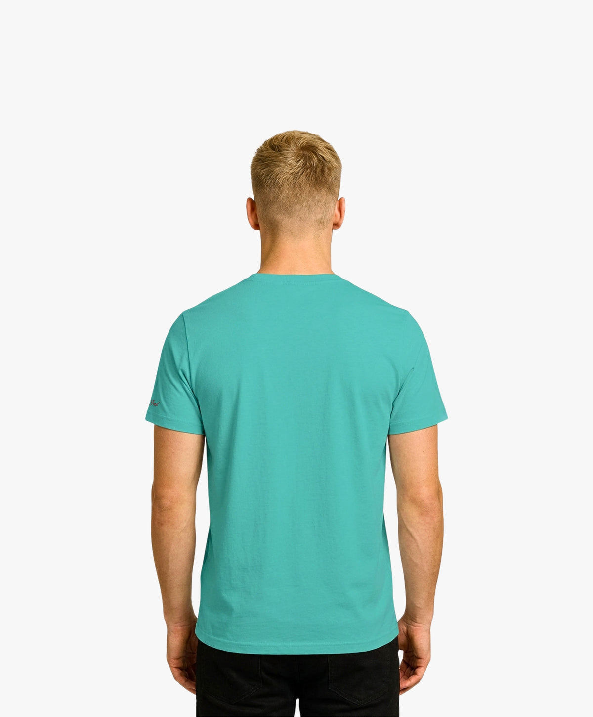 Vue de dos d’un homme portant un t-shirt classique jade Salut Fred