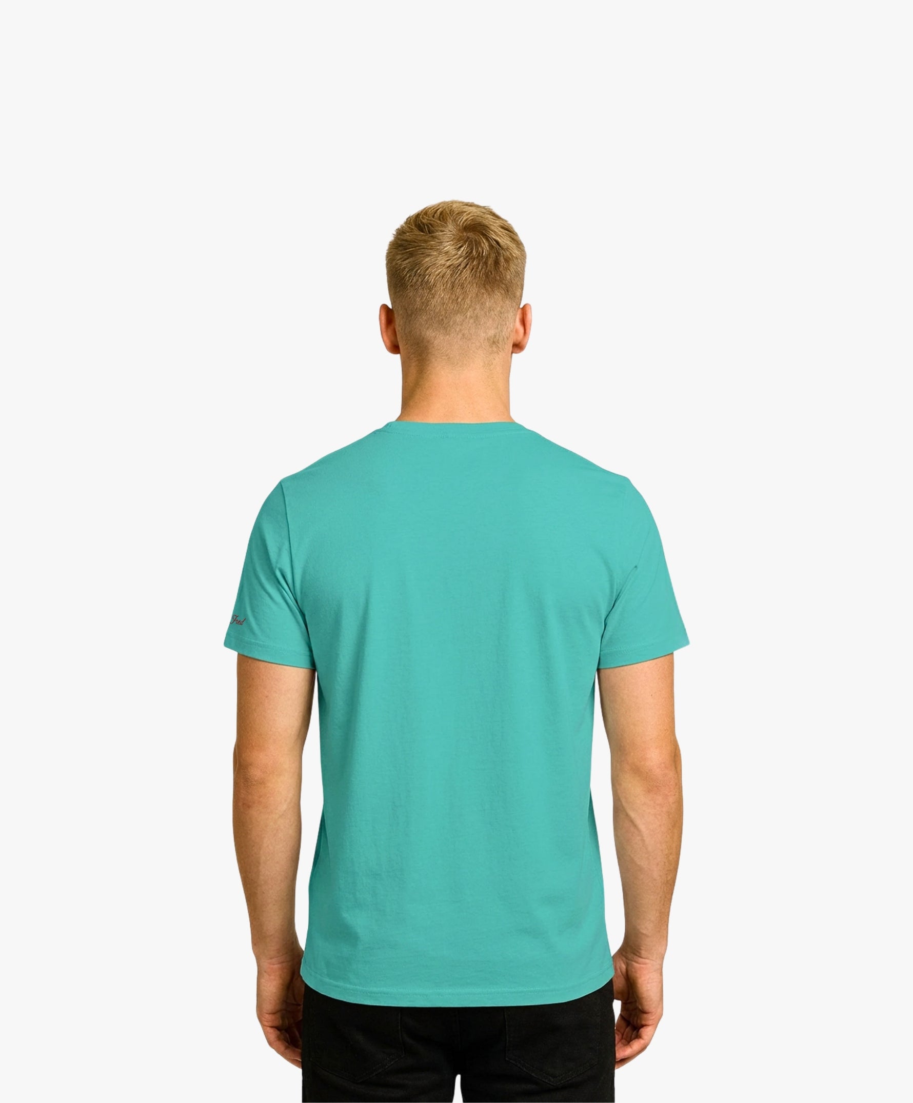 Vue de dos d’un homme portant un t-shirt classique jade Salut Fred