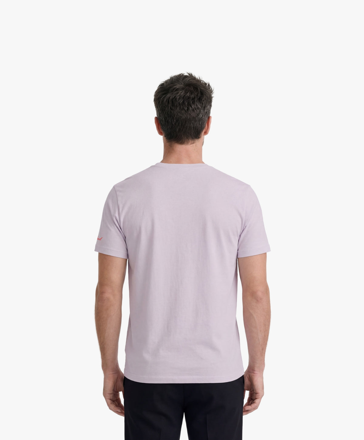 Vue de dos d’un homme portant le t-shirt classique lilas « Zizi l’Impératrice » uni au dos avec logo Salut Fred sur la manche gauche.