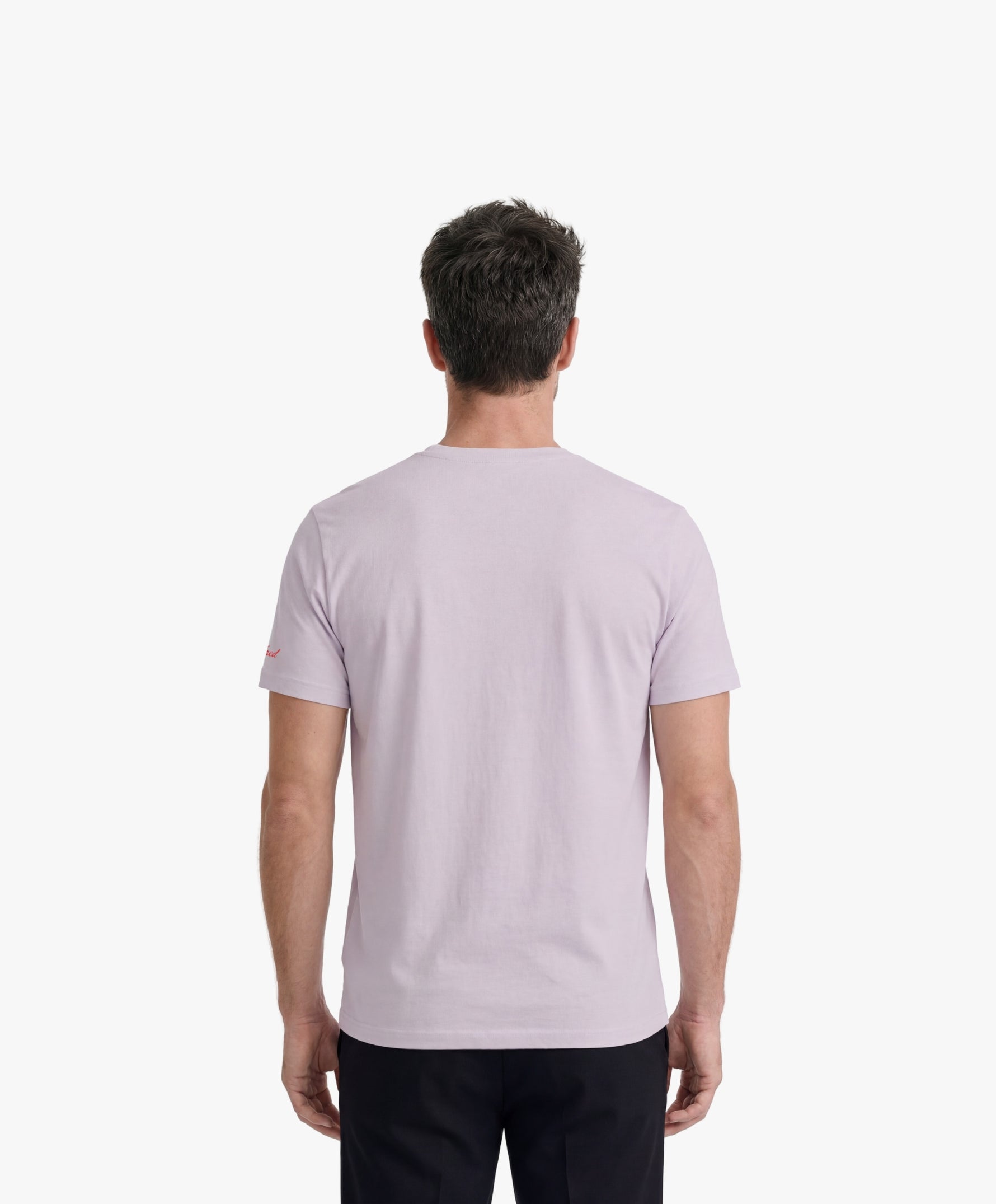 Vue de dos d’un homme portant le t-shirt classique lilas « Zizi l’Impératrice » uni au dos avec logo Salut Fred sur la manche gauche.