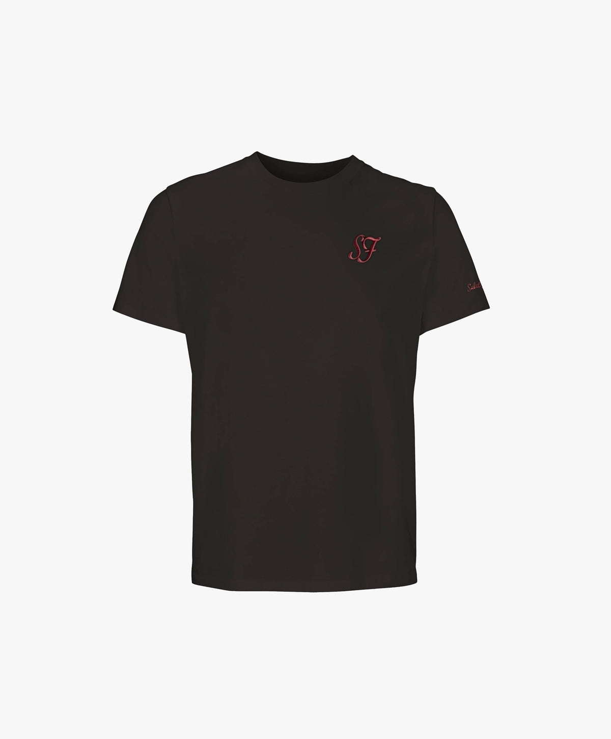 Vue de face du t-shirt classique noir Salut Fred avec monogramme SF brodé sur la poitrine gauche et broderie Salut Fred sur la manche gauche