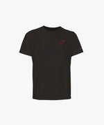 Vue de face du t-shirt classique noir Salut Fred avec monogramme SF brodé sur la poitrine gauche et broderie Salut Fred sur la manche gauche
