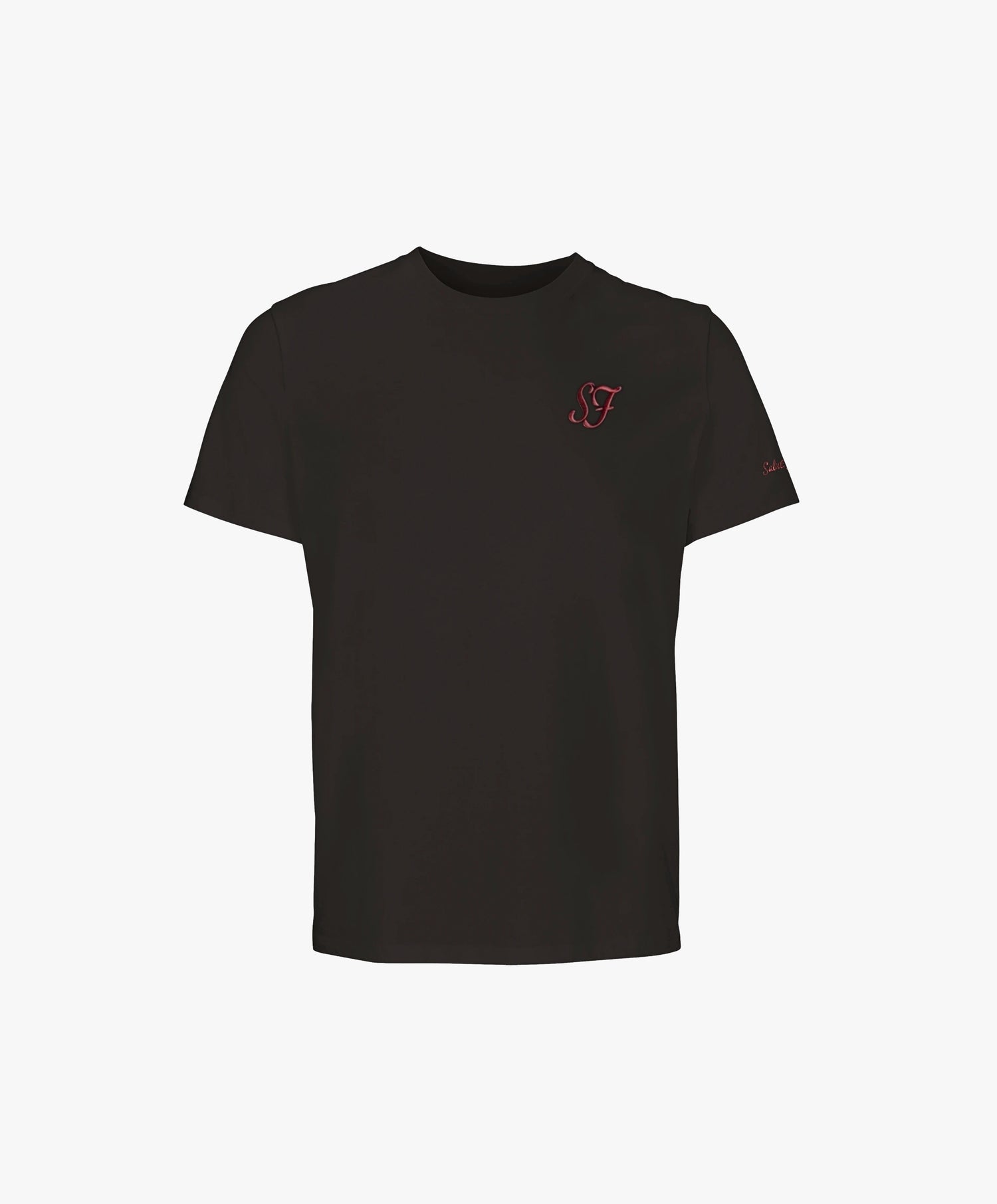 Vue de face du t-shirt classique noir Salut Fred avec monogramme SF brodé sur la poitrine gauche et broderie Salut Fred sur la manche gauche