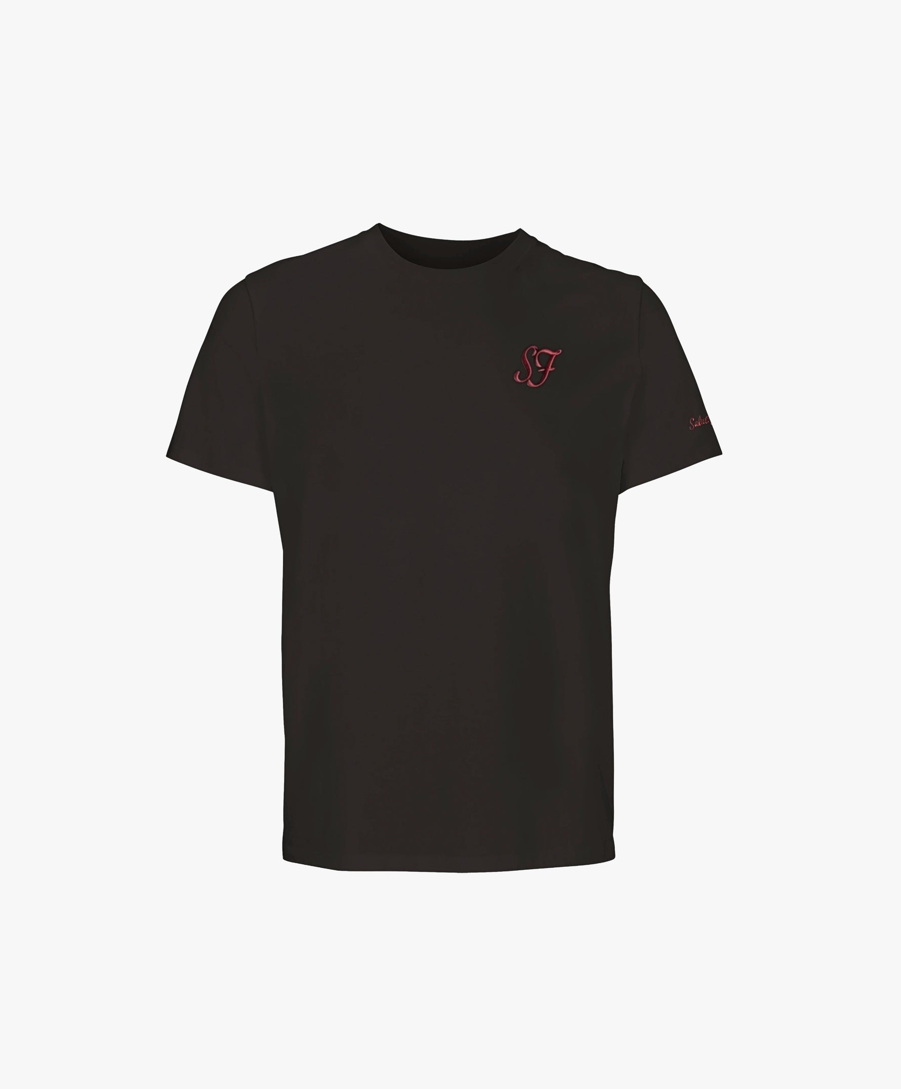 Vue de face du t-shirt classique noir Salut Fred avec monogramme SF brodé sur la poitrine gauche et broderie Salut Fred sur la manche gauche