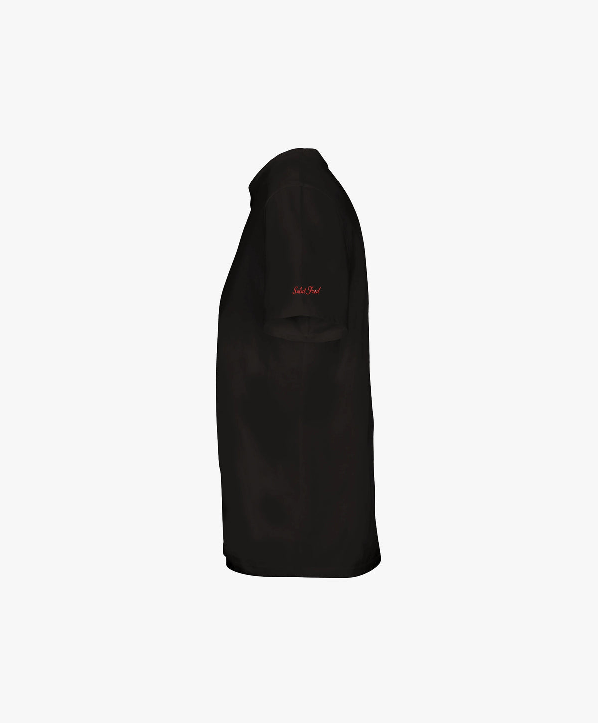 Vue côté gauche du t-shirt classique noir Salut Fred avec Salut Fred imprimé sur la manche gauche