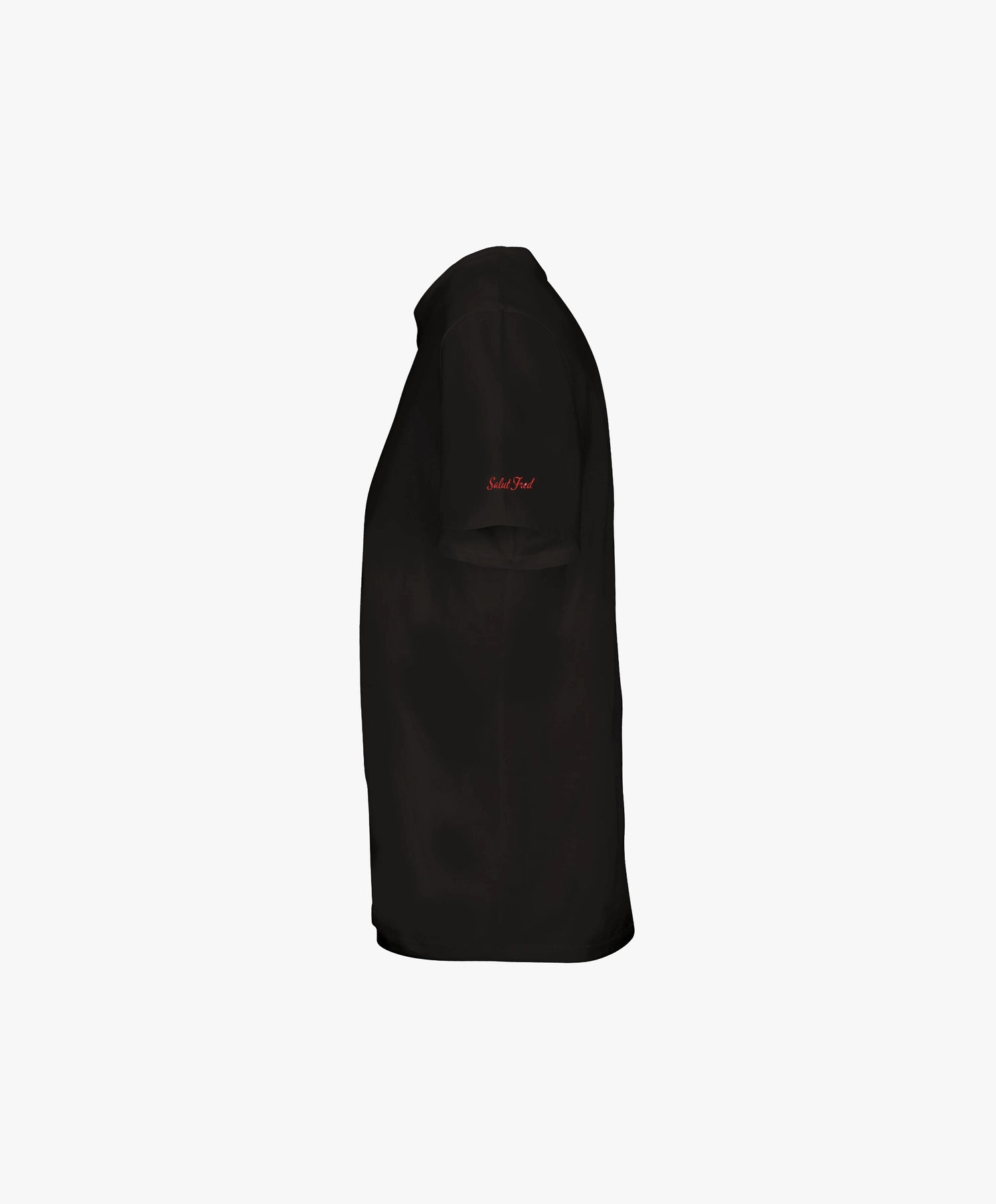 Vue côté gauche du t-shirt classique noir Salut Fred avec Salut Fred imprimé sur la manche gauche