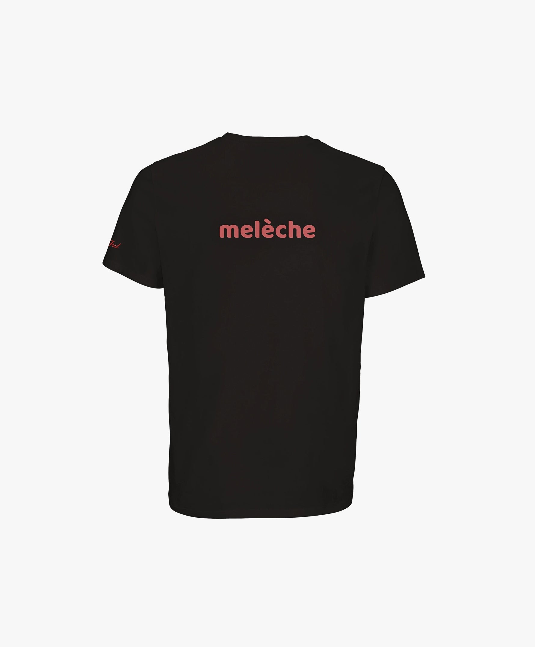 Vue de dos du t-shirt classique noir Salut Fred avec melèche imprimé au centre du dos