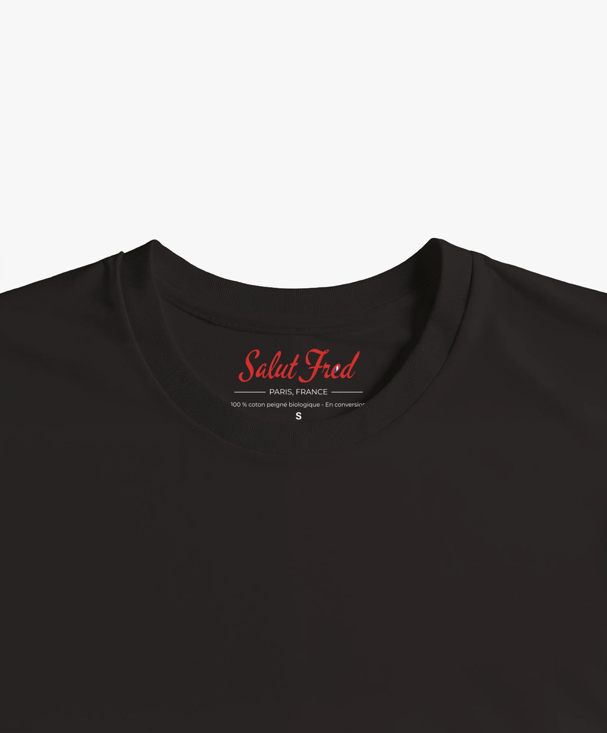 Vue intérieure du col du t-shirt classique noir Salut Fred