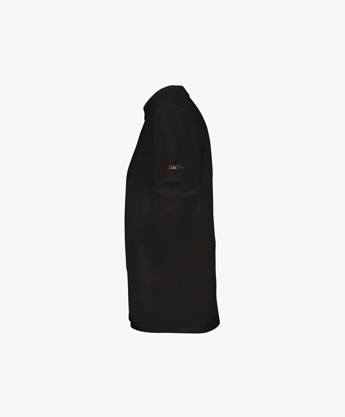Vue côté gauche du t-shirt classique noir Salut Fred avec logo Salut Fred arc-en-ciel imprimé sur la manche gauche