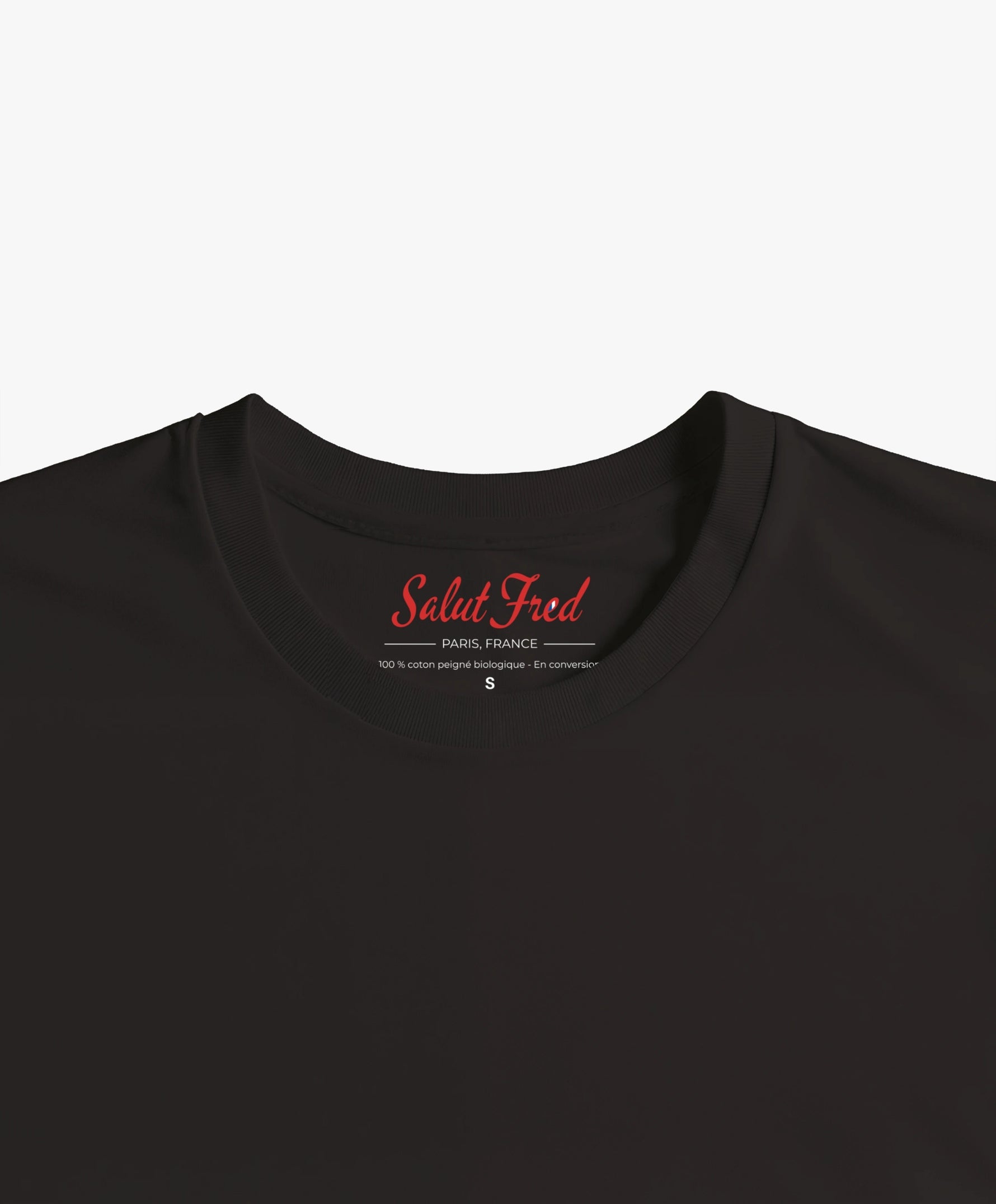 Vue intérieure du col du t-shirt classique noir Salut Fred