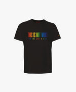 Vue de face du t-shirt classique noir Salut Fred de la collection Pride « This is not woke. You are just a dick. » avec slogan multicolore imprimé au centre de la poitrine et logo Salut Fred arc-en-ciel sur la manche gauche