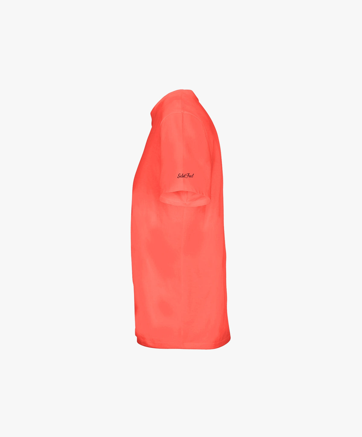 Vue côté gauche du t-shirt classique orange coquelicot Salut Fred avec broderie Salut Fred sur la manche gauche