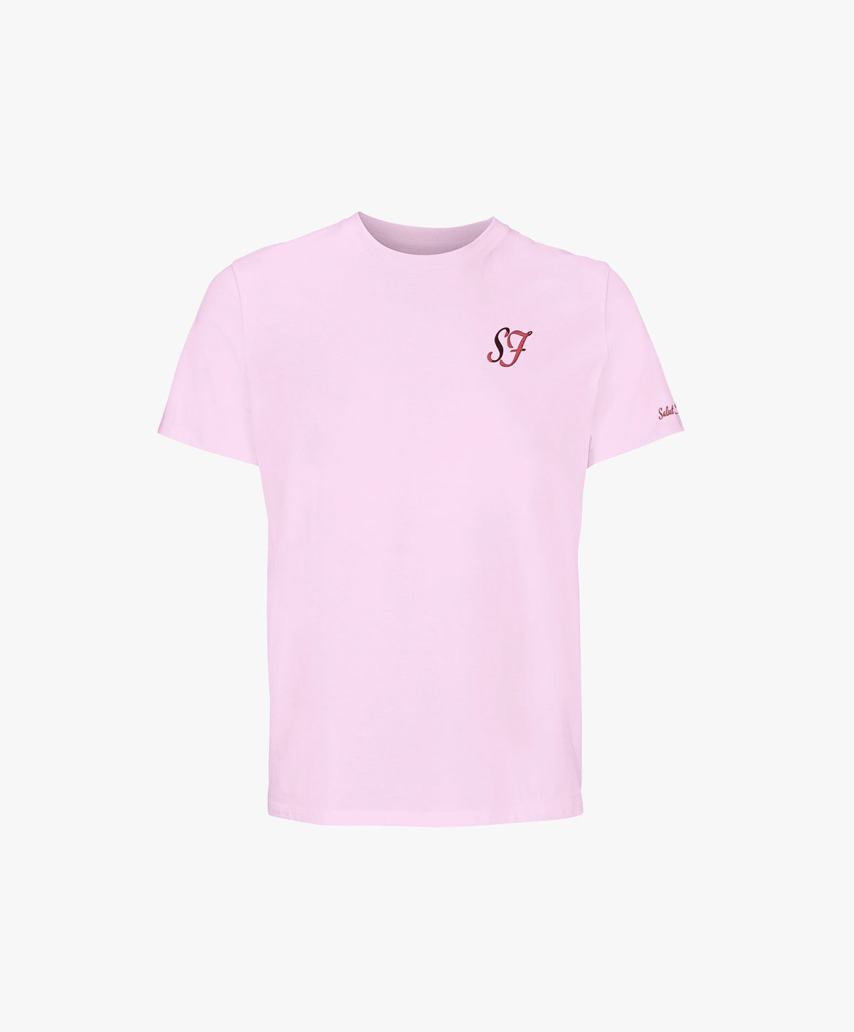 Vue de face du t-shirt classique rose poudré Salut Fred avec monogramme SF brodé sur la poitrine gauche et broderie Salut Fred sur la manche gauche