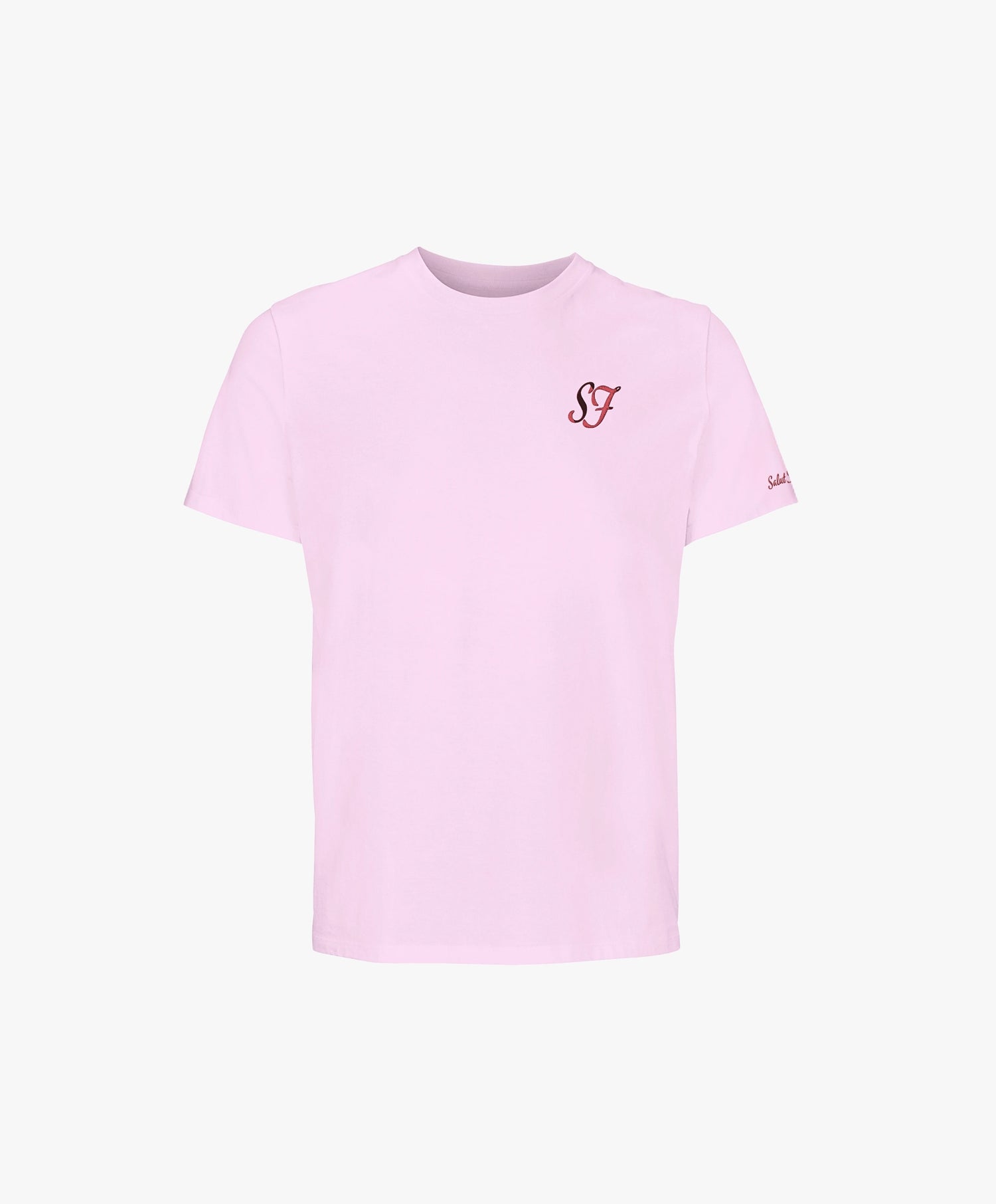 Vue de face du t-shirt classique rose poudré Salut Fred avec monogramme SF brodé sur la poitrine gauche et broderie Salut Fred sur la manche gauche