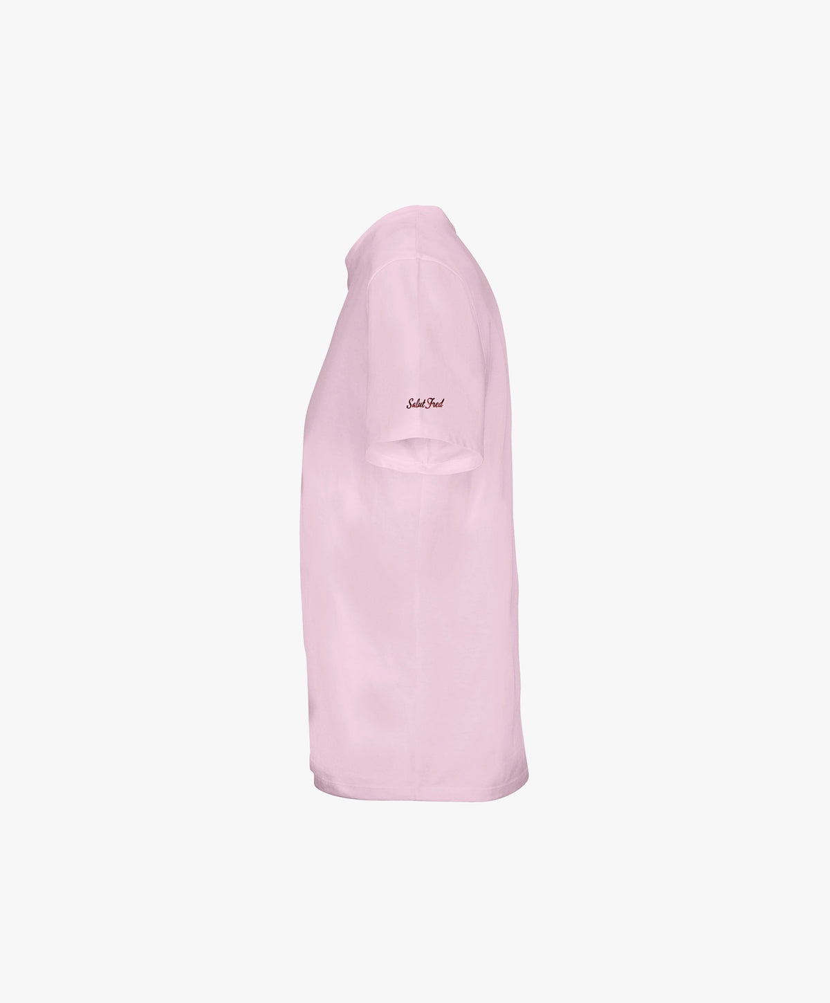Vue côté gauche du t-shirt classique rose poudré Salut Fred avec broderie Salut Fred sur la manche gauche