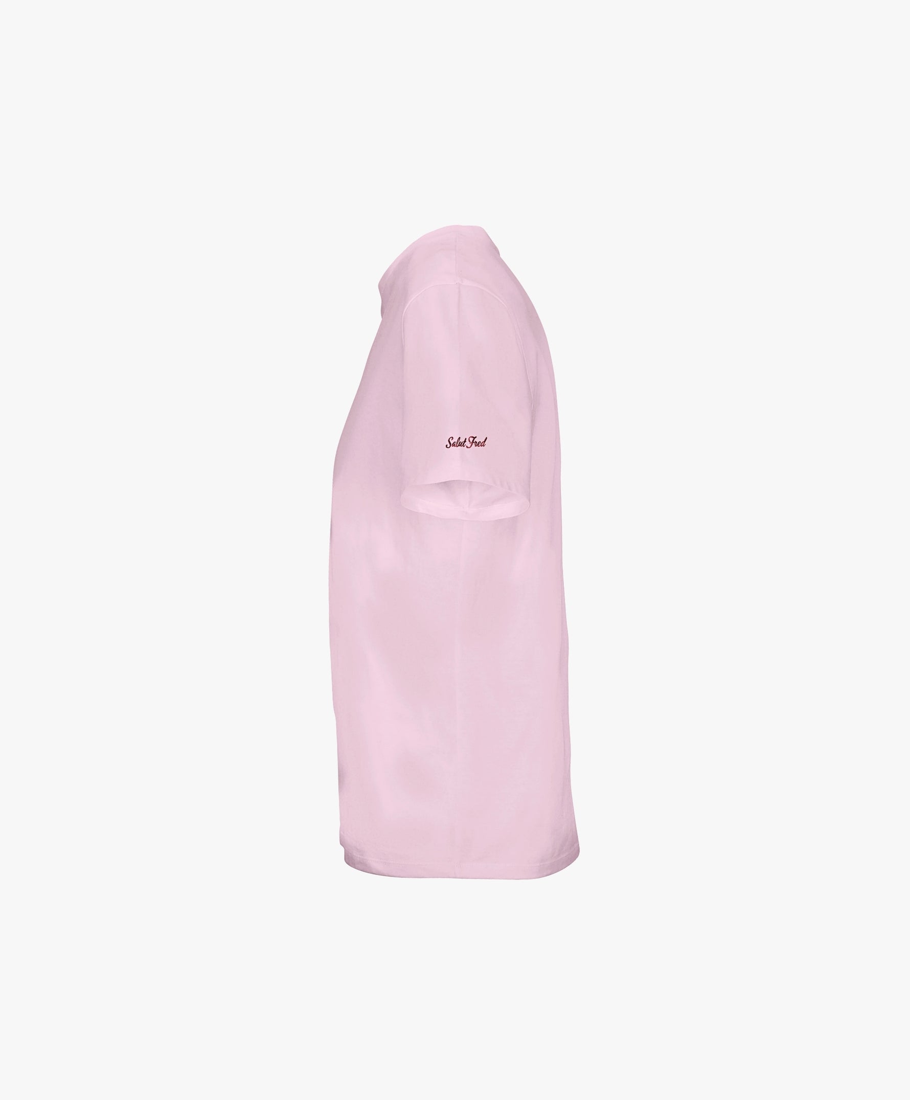 Vue côté gauche du t-shirt classique rose poudré Salut Fred avec broderie Salut Fred sur la manche gauche