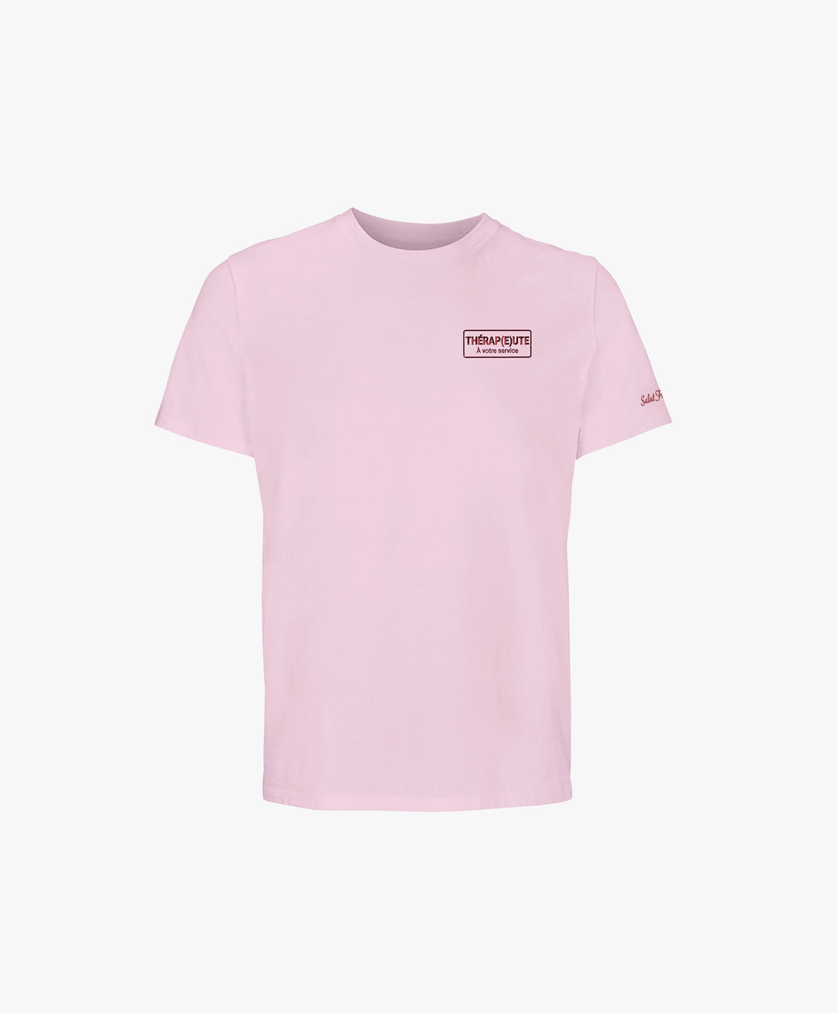Vue de face du t-shirt classique rose poudré Salut Fred avec broderie « Thérap(e)ute À votre service » sur la poitrine gauche et broderie Salut Fred sur la manche gauche