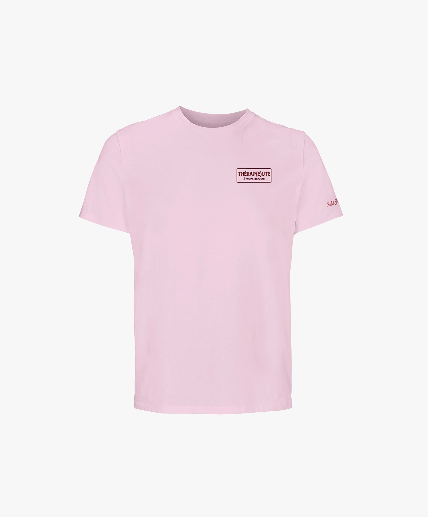 Vue de face du t-shirt classique rose poudré Salut Fred avec broderie « Thérap(e)ute À votre service » sur la poitrine gauche et broderie Salut Fred sur la manche gauche