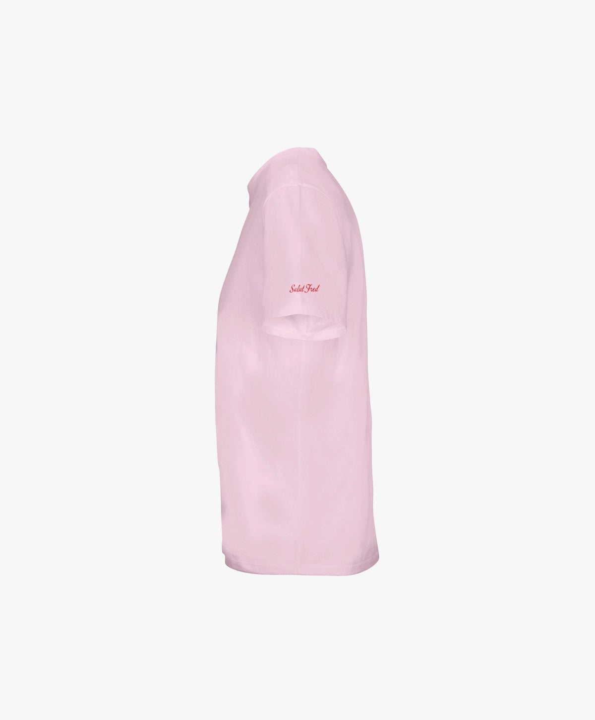 Vue côté gauche du t-shirt classique rose poudré « Tu baises dans mon estime. » Salut Fred avec Salut Fred imprimé sur la manche gauche