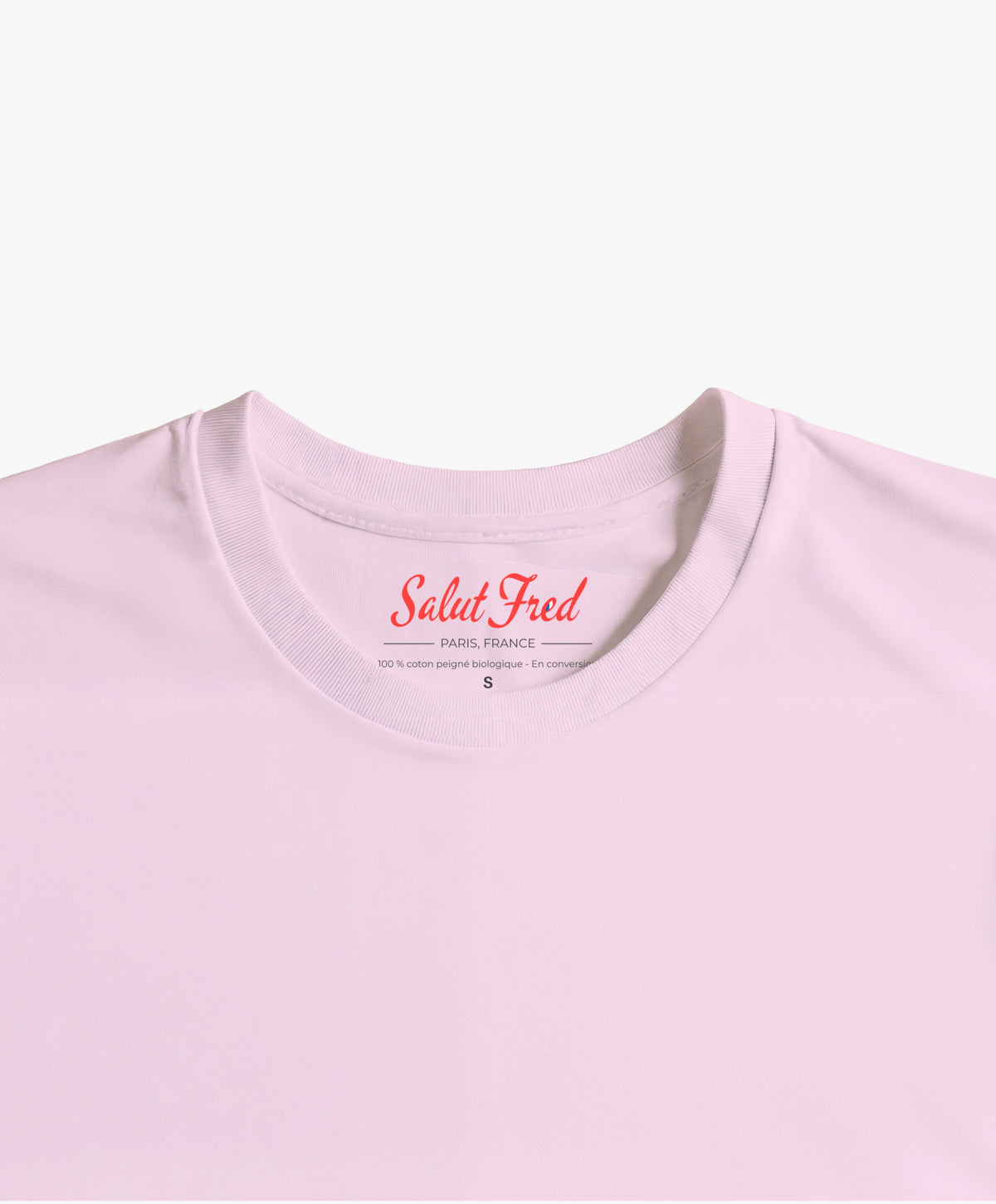 Vue intérieure du col du t-shirt classique rose poudré Salut Fred