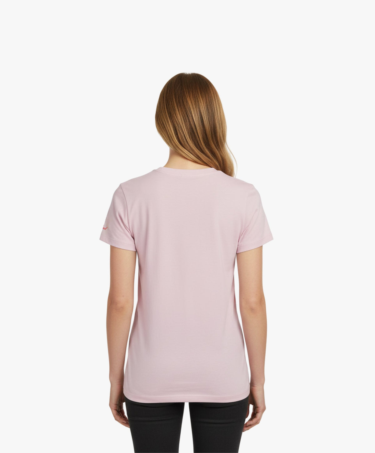 Vue de dos d’une femme portant le t-shirt classique rose poudré « Tu baises dans mon estime. » Salut Fred