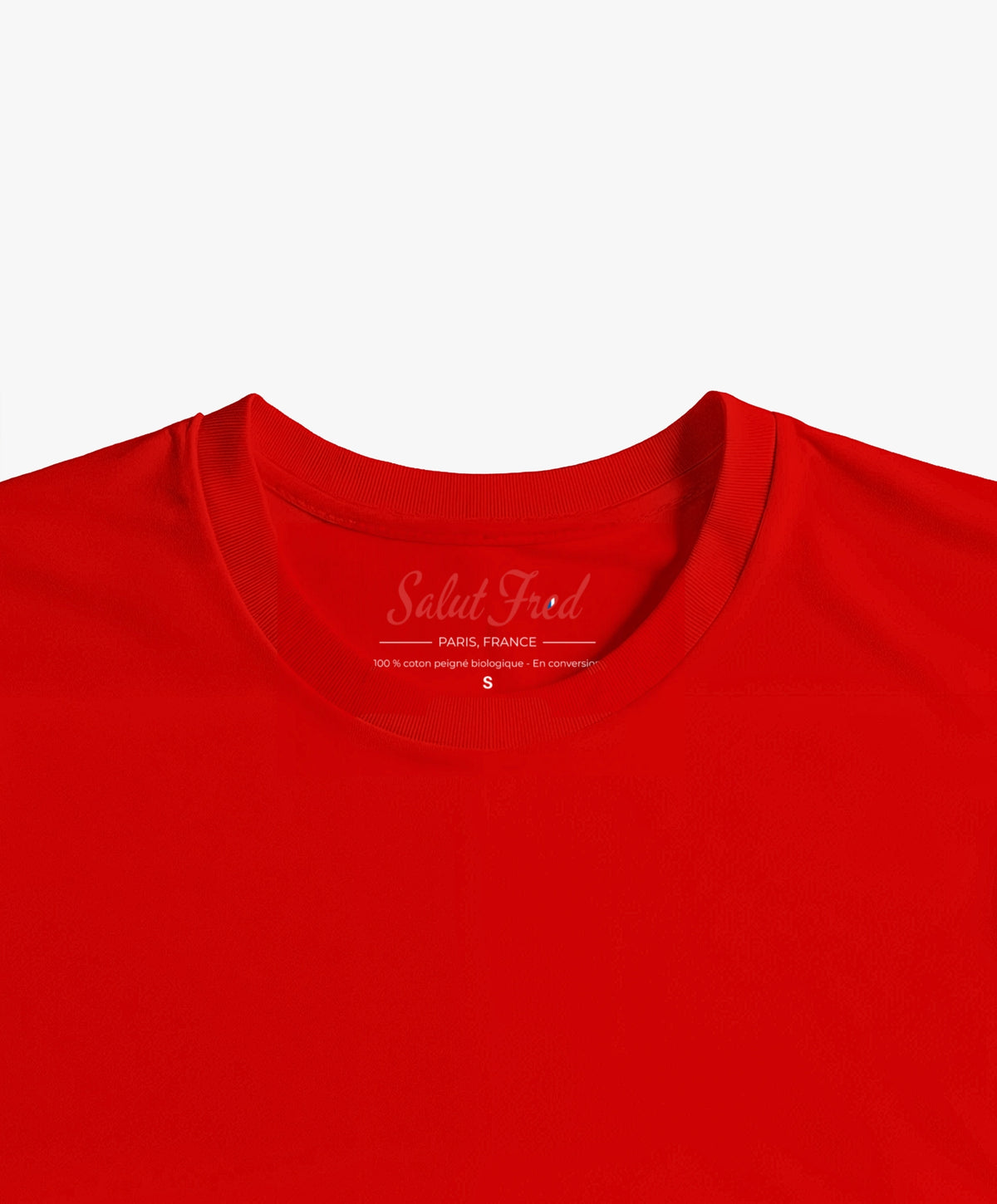 Vue intérieure du col du t-shirt classique rouge Salut Fred