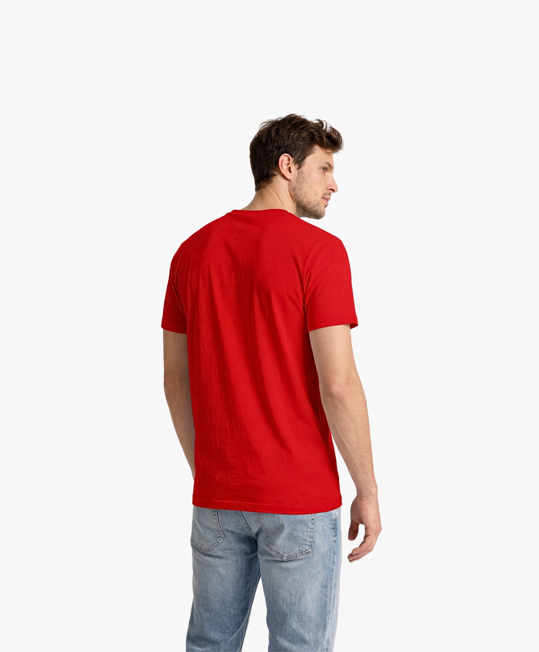 Vue de dos d’un homme portant un t-shirt classique rouge Salut Fred