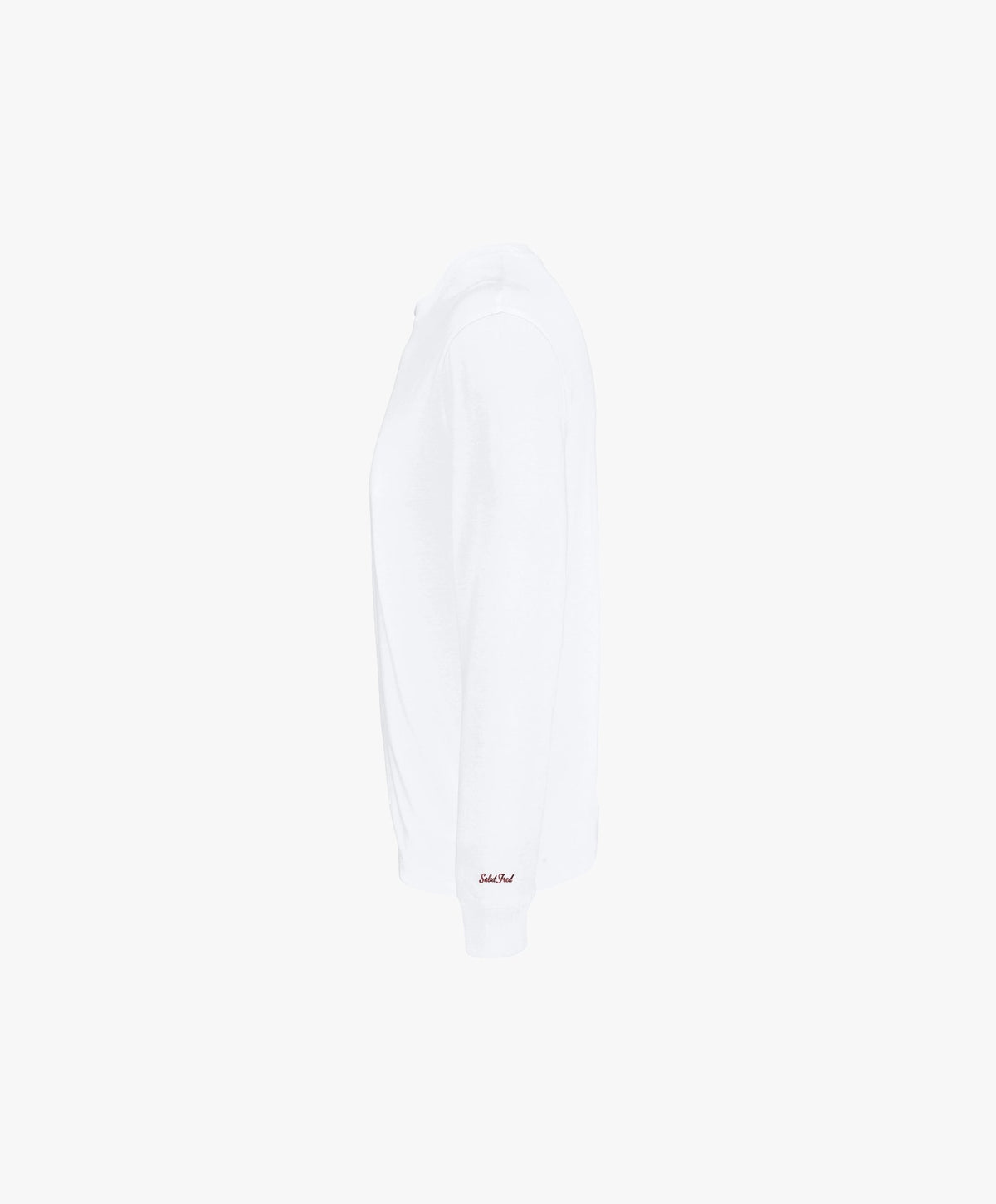 Vue côté gauche du t-shirt à manches longues blanc Salut Fred avec broderie rouge sur le poignet gauche.