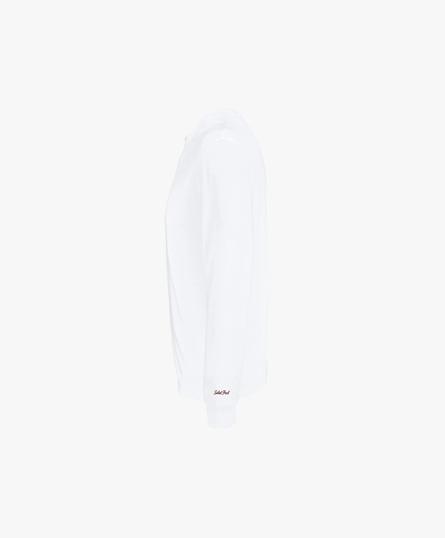Vue côté gauche du t-shirt à manches longues blanc Salut Fred avec broderie rouge sur le poignet gauche.