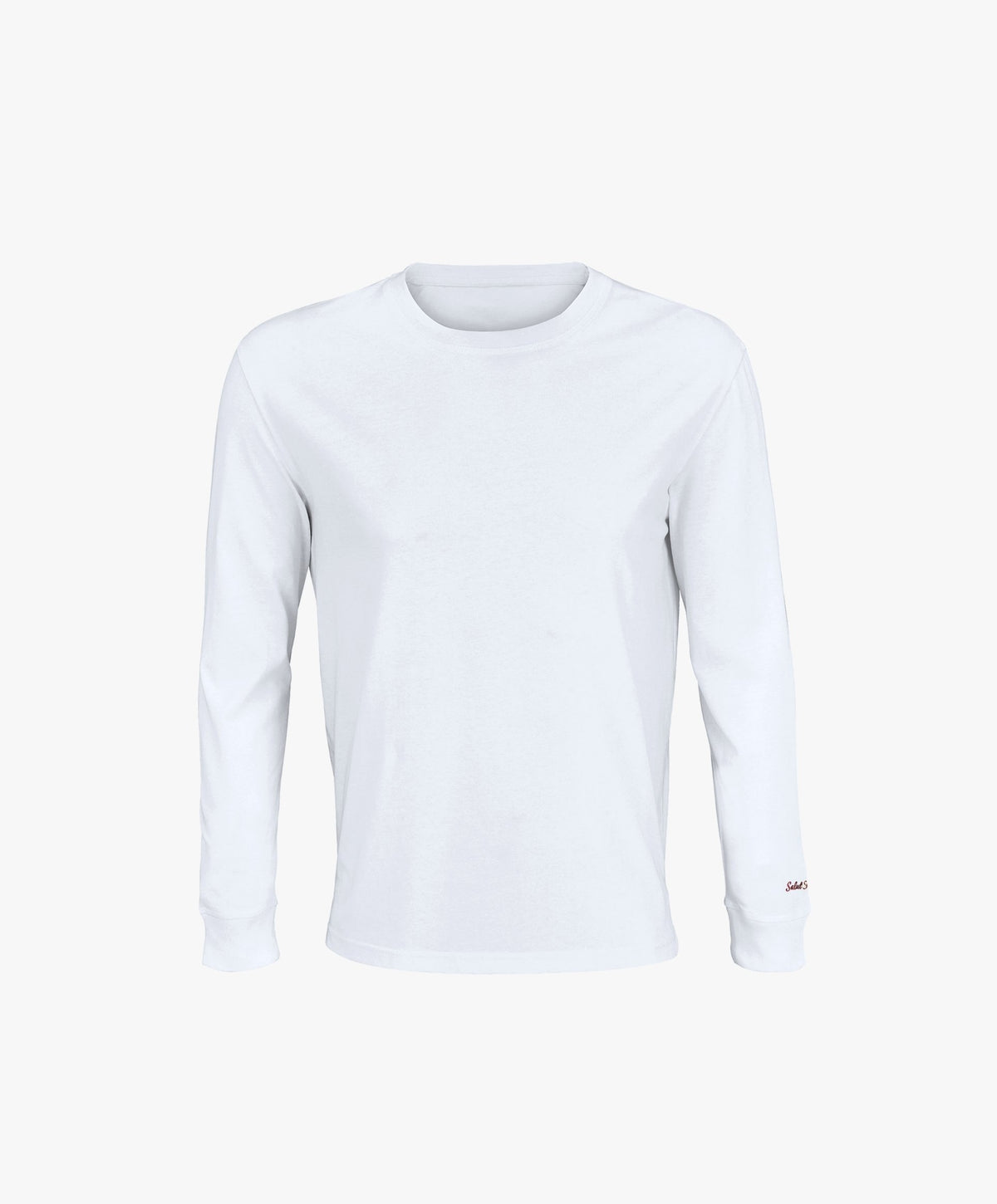 Vue de face du t-shirt à manches longues blanc Salut Fred avec broderie rouge sur le poignet gauche.