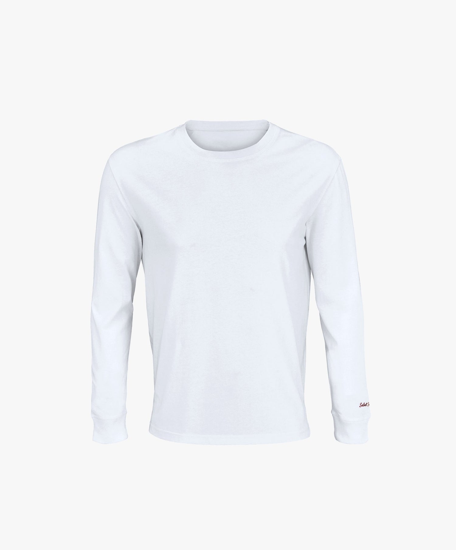 Vue de face du t-shirt à manches longues blanc Salut Fred avec broderie rouge sur le poignet gauche.