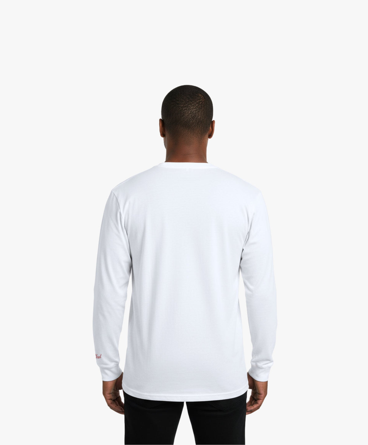 Homme vue de dos portant le t-shirt à manches longues blanc Salut Fred.