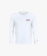 Vue de face du t-shirt manches longues blanc Salut Fred avec motif brodé « Thérap(e)ute. À votre service » sur la poitrine gauche et logo Salut Fred brodé sur le poignet gauche