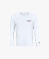 Vue de face du t-shirt manches longues blanc Salut Fred avec motif brodé « Thérap(e)ute. À votre service » sur la poitrine gauche et logo Salut Fred brodé sur le poignet gauche