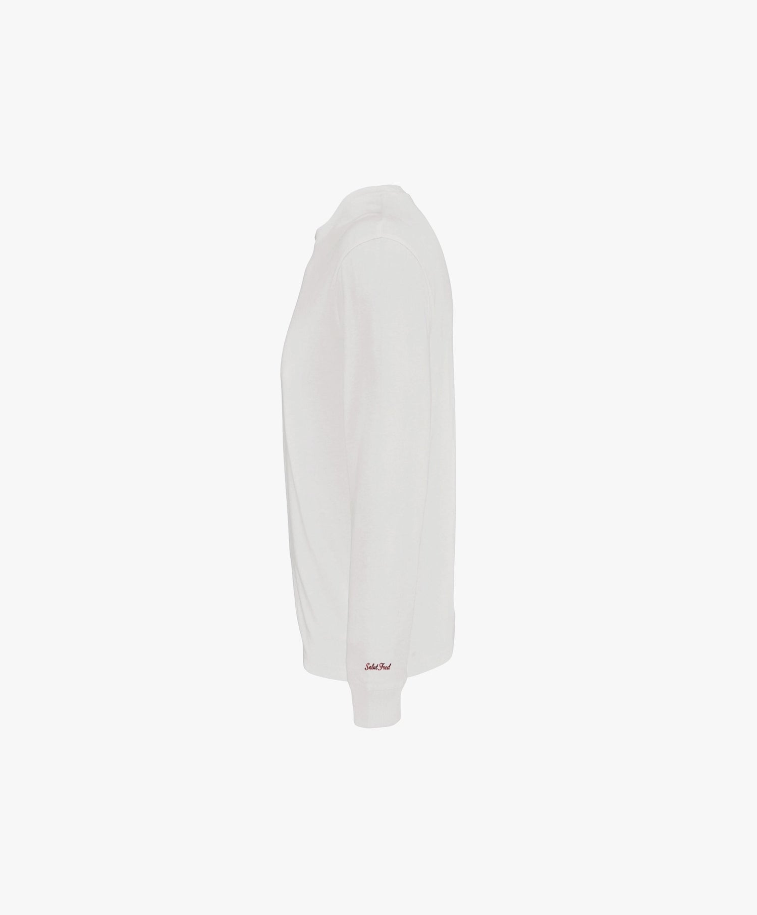 Vue côté gauche du t-shirt à manches longues écru Salut Fred avec broderie rouge sur le poignet gauche