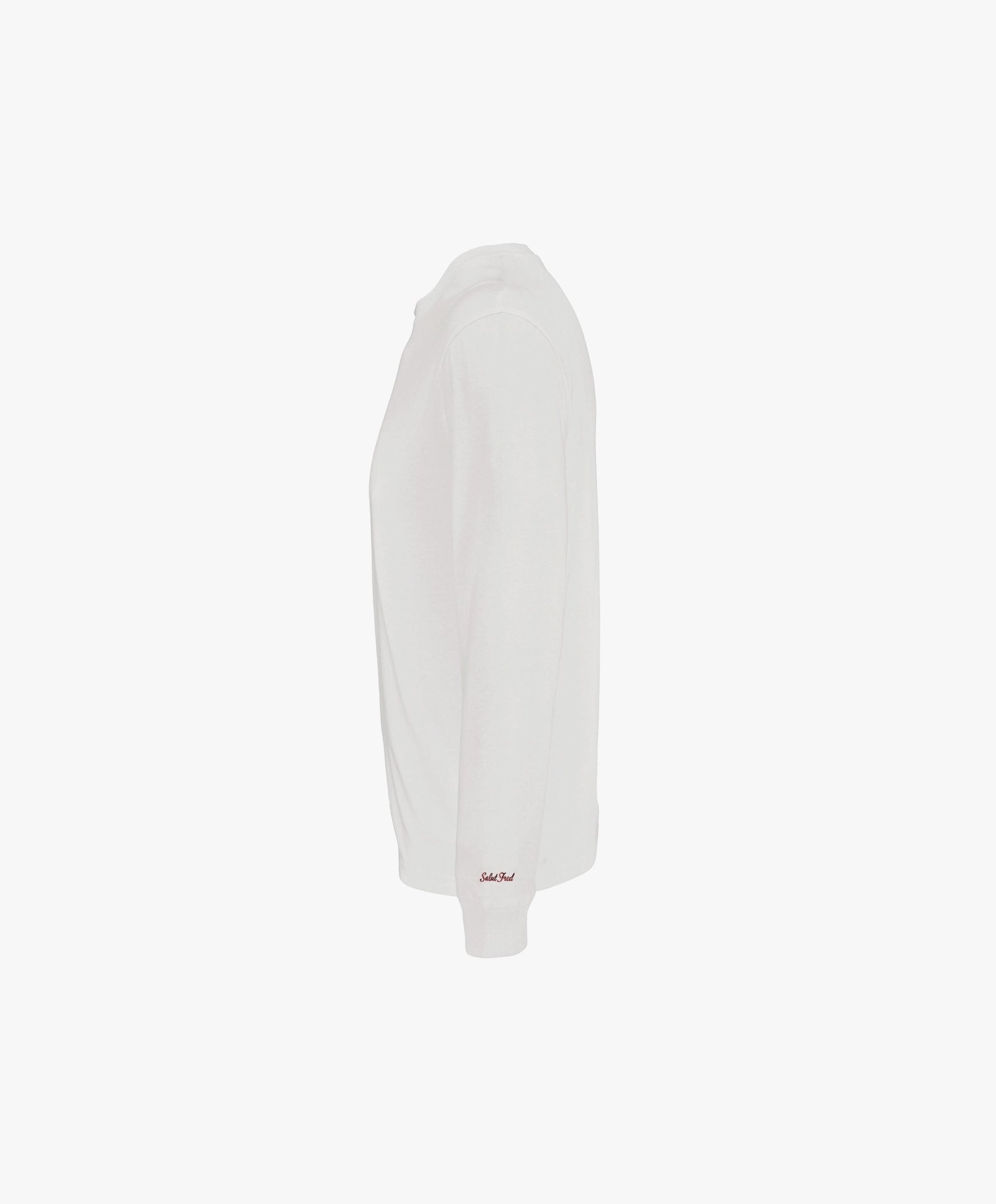 Vue côté gauche du t-shirt à manches longues écru Salut Fred avec broderie rouge sur le poignet gauche