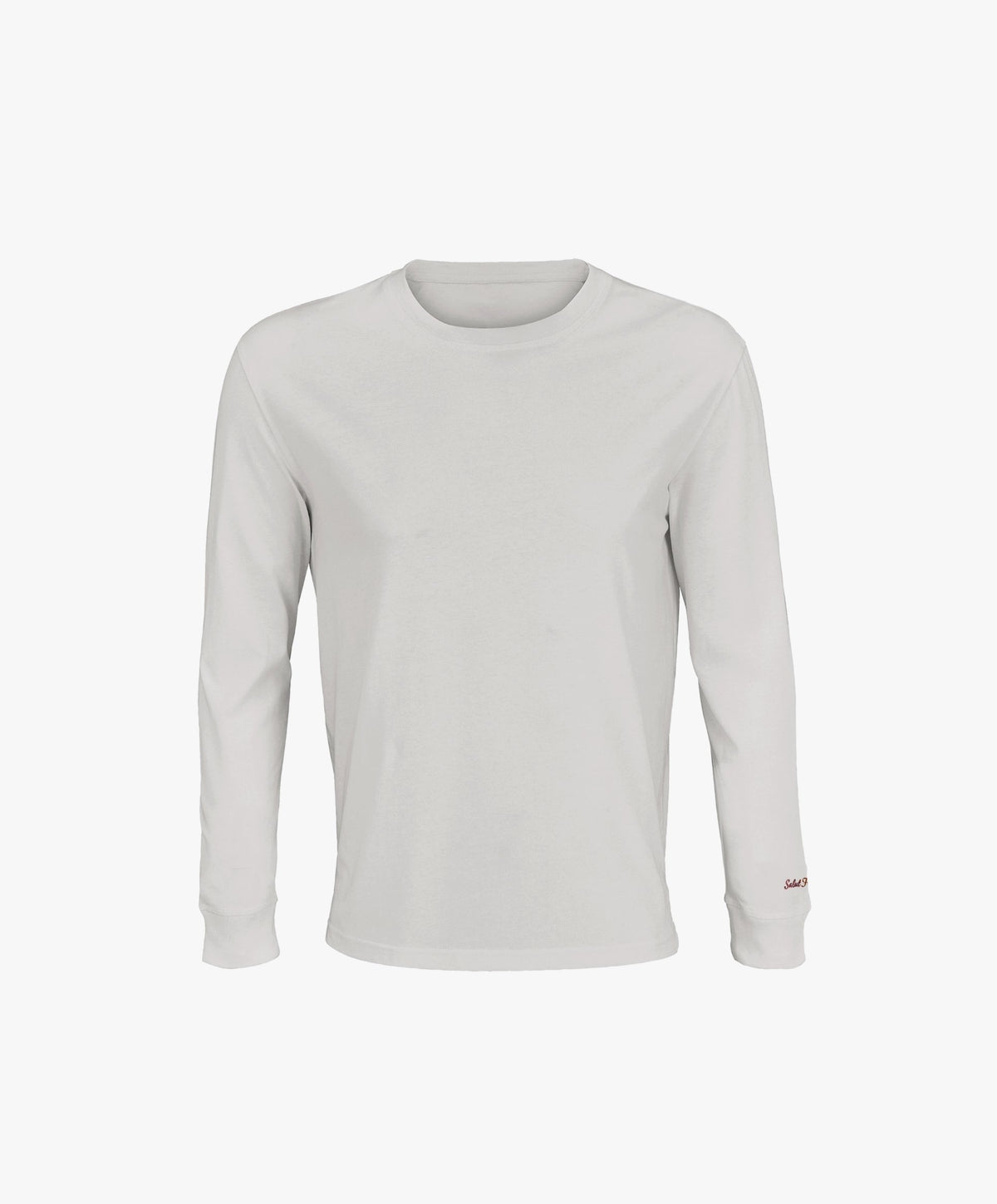 Vue de face du t-shirt à manches longues écru Salut Fred avec broderie rouge sur le poignet gauche