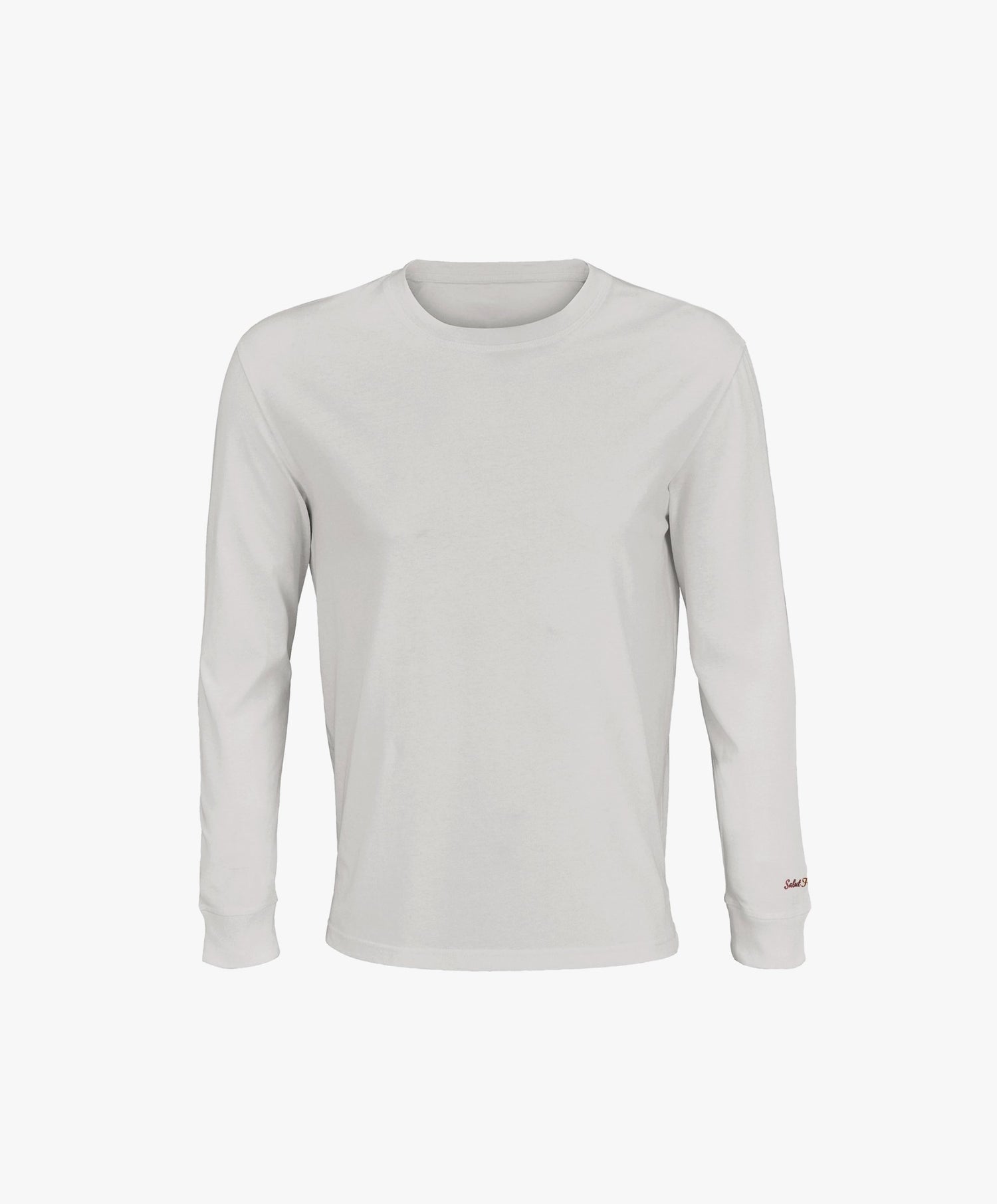 Vue de face du t-shirt à manches longues écru Salut Fred avec broderie rouge sur le poignet gauche