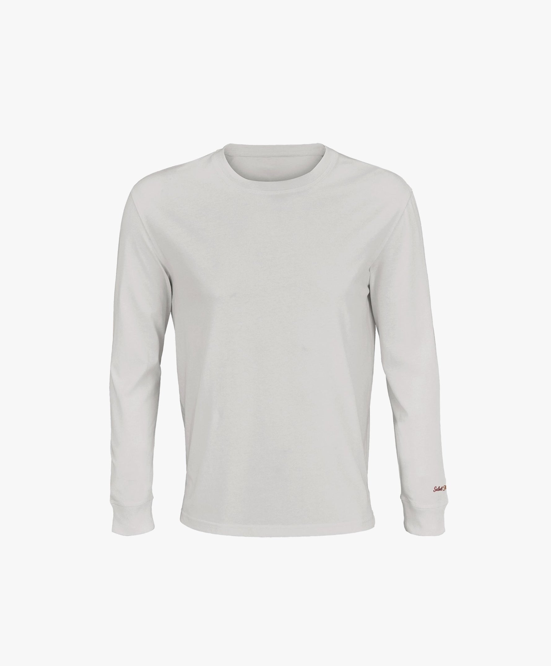 Vue de face du t-shirt à manches longues écru Salut Fred avec broderie rouge sur le poignet gauche