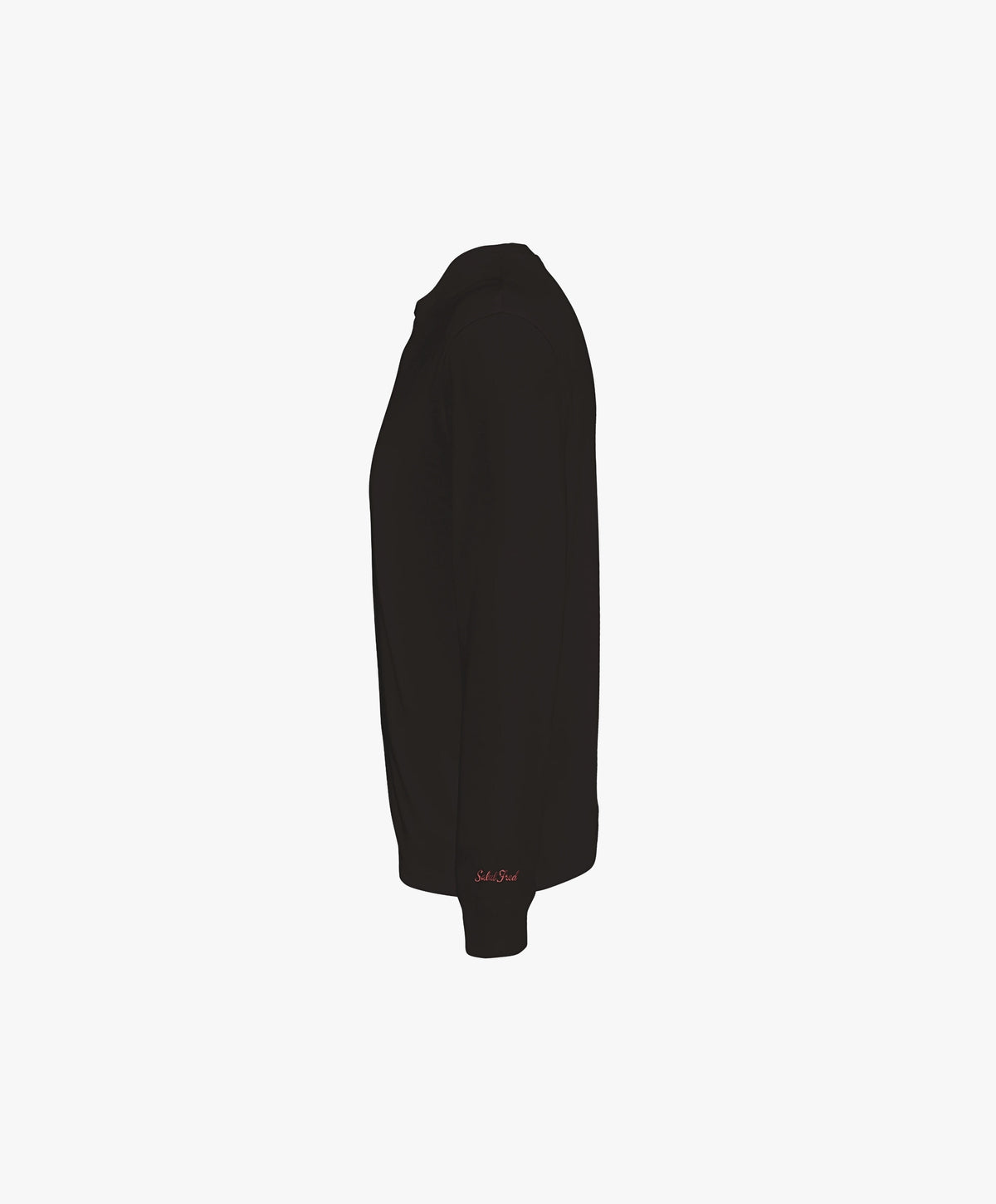 Vue côté gauche du t-shirt manches longues noir Salut Fred avec motif brodé « Thérap(e)ute. À votre service » sur la poitrine gauche et logo Salut Fred brodé sur le poignet gauche