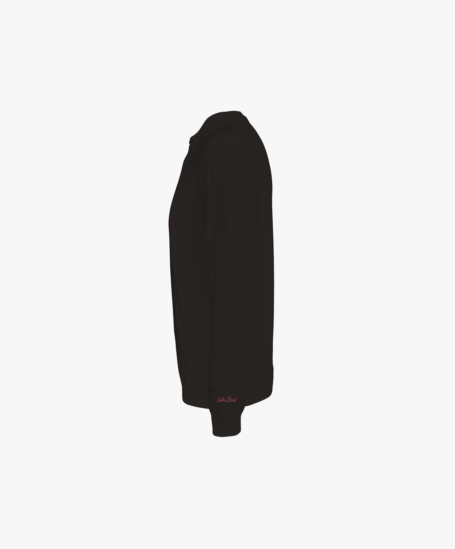 Vue côté gauche du t-shirt manches longues noir Salut Fred avec motif brodé « Thérap(e)ute. À votre service » sur la poitrine gauche et logo Salut Fred brodé sur le poignet gauche