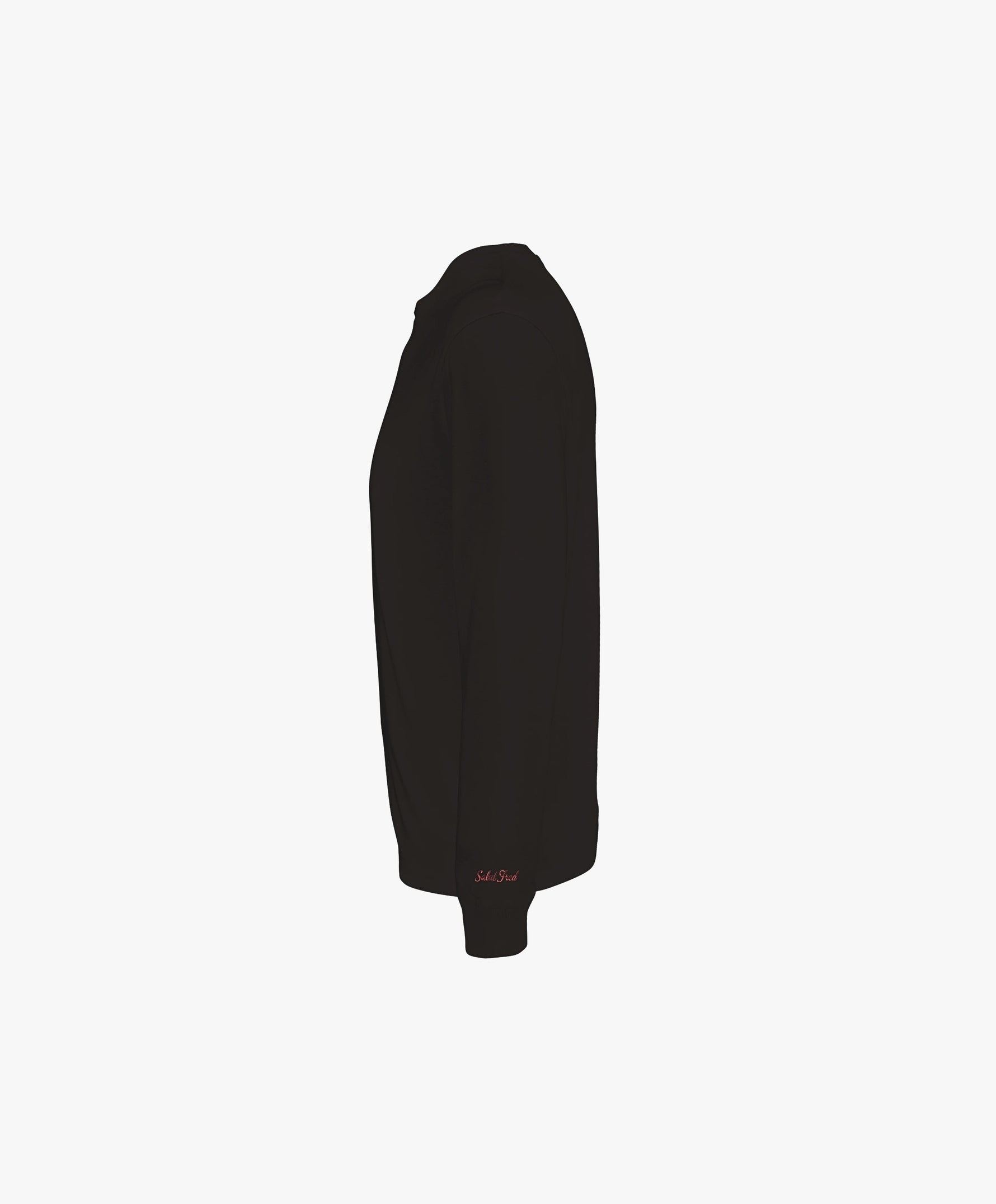 Vue côté gauche du t-shirt manches longues noir Salut Fred avec motif brodé « Thérap(e)ute. À votre service » sur la poitrine gauche et logo Salut Fred brodé sur le poignet gauche