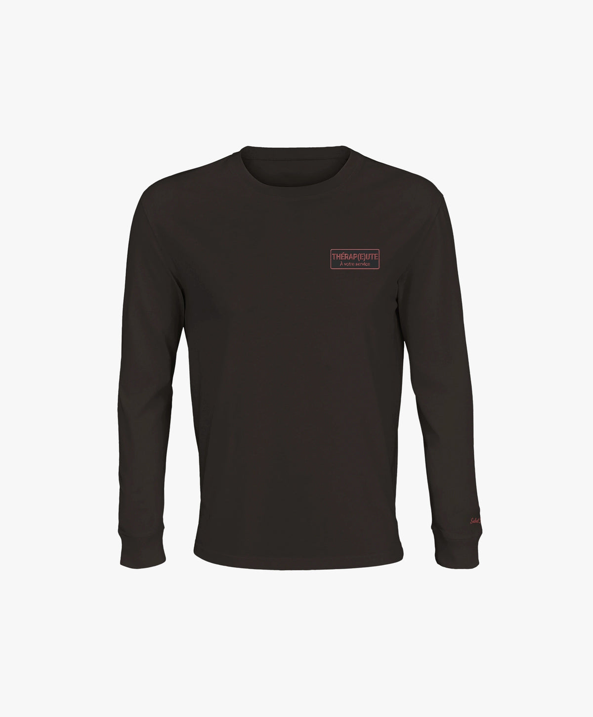 Vue de face du t-shirt manches longues noir Salut Fred avec motif brodé « Thérap(e)ute. À votre service » sur la poitrine gauche et logo Salut Fred brodé sur le poignet gauche