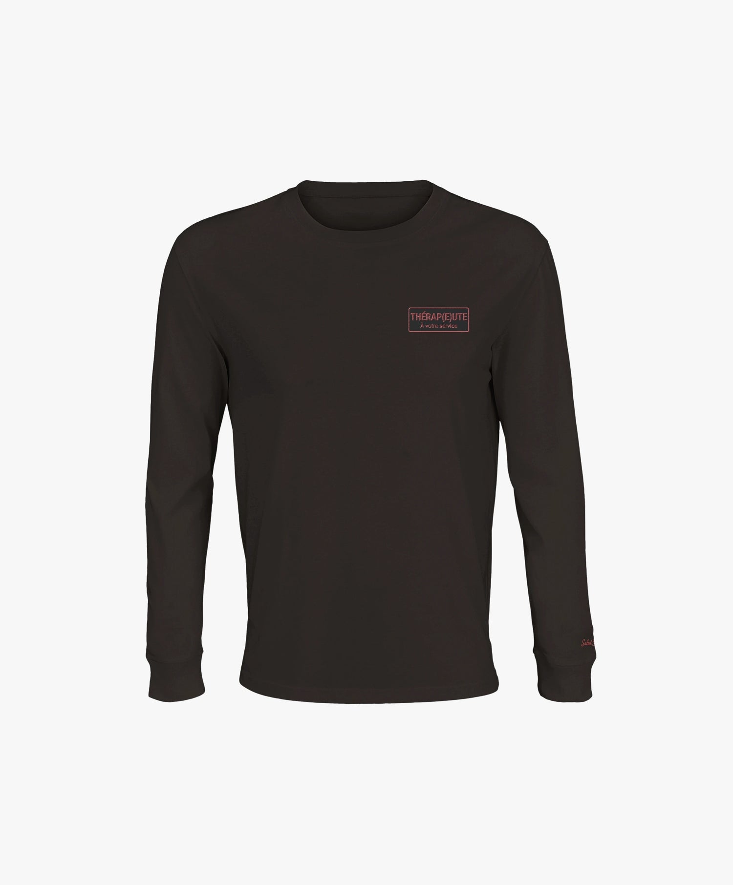Vue de face du t-shirt manches longues noir Salut Fred avec motif brodé « Thérap(e)ute. À votre service » sur la poitrine gauche et logo Salut Fred brodé sur le poignet gauche