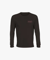 Vue de face du t-shirt manches longues noir Salut Fred avec motif brodé « Thérap(e)ute. À votre service » sur la poitrine gauche et logo Salut Fred brodé sur le poignet gauche