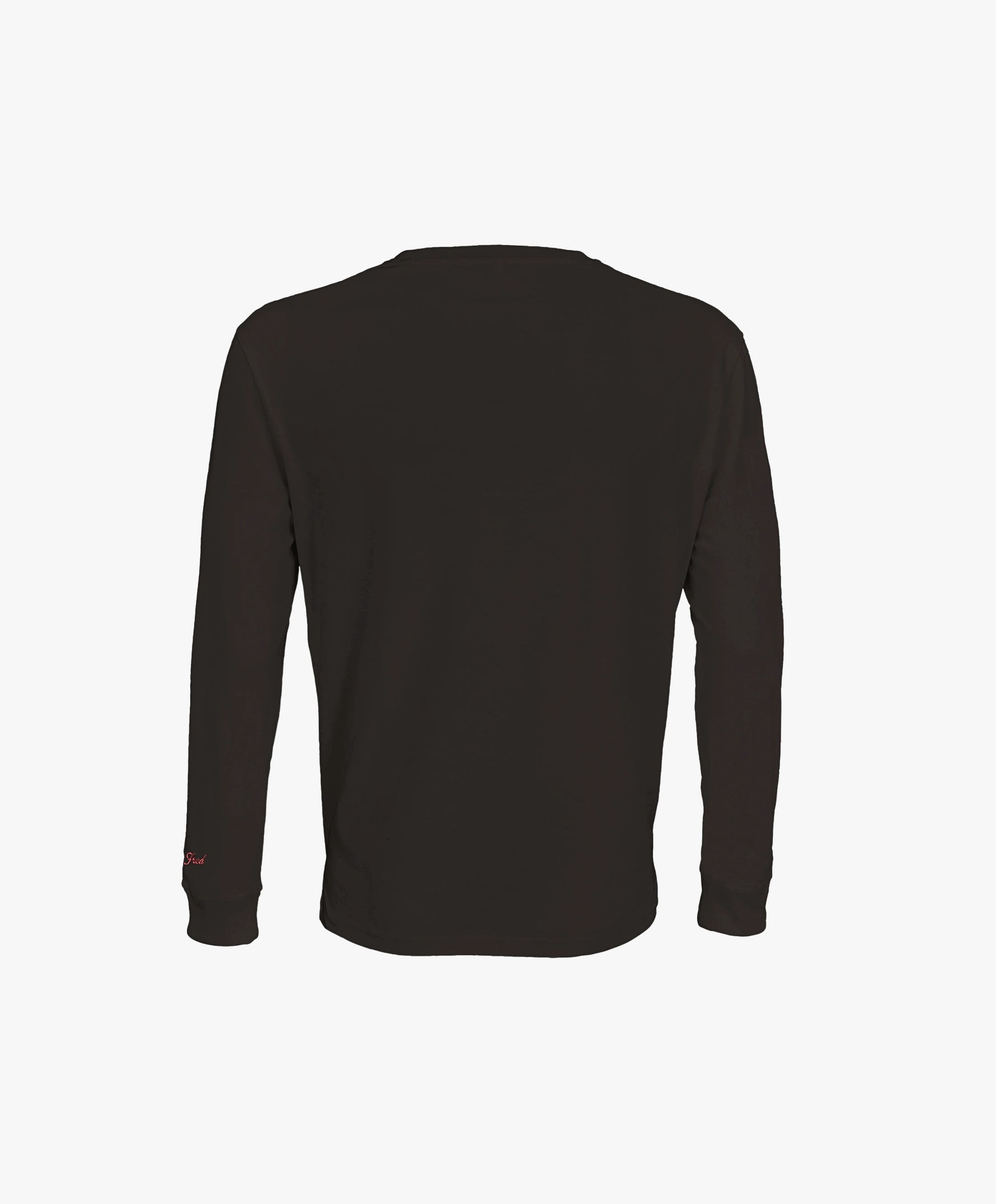 Vue de dos du t-shirt manches longues noir Salut Fred avec motif brodé « Thérap(e)ute. À votre service »