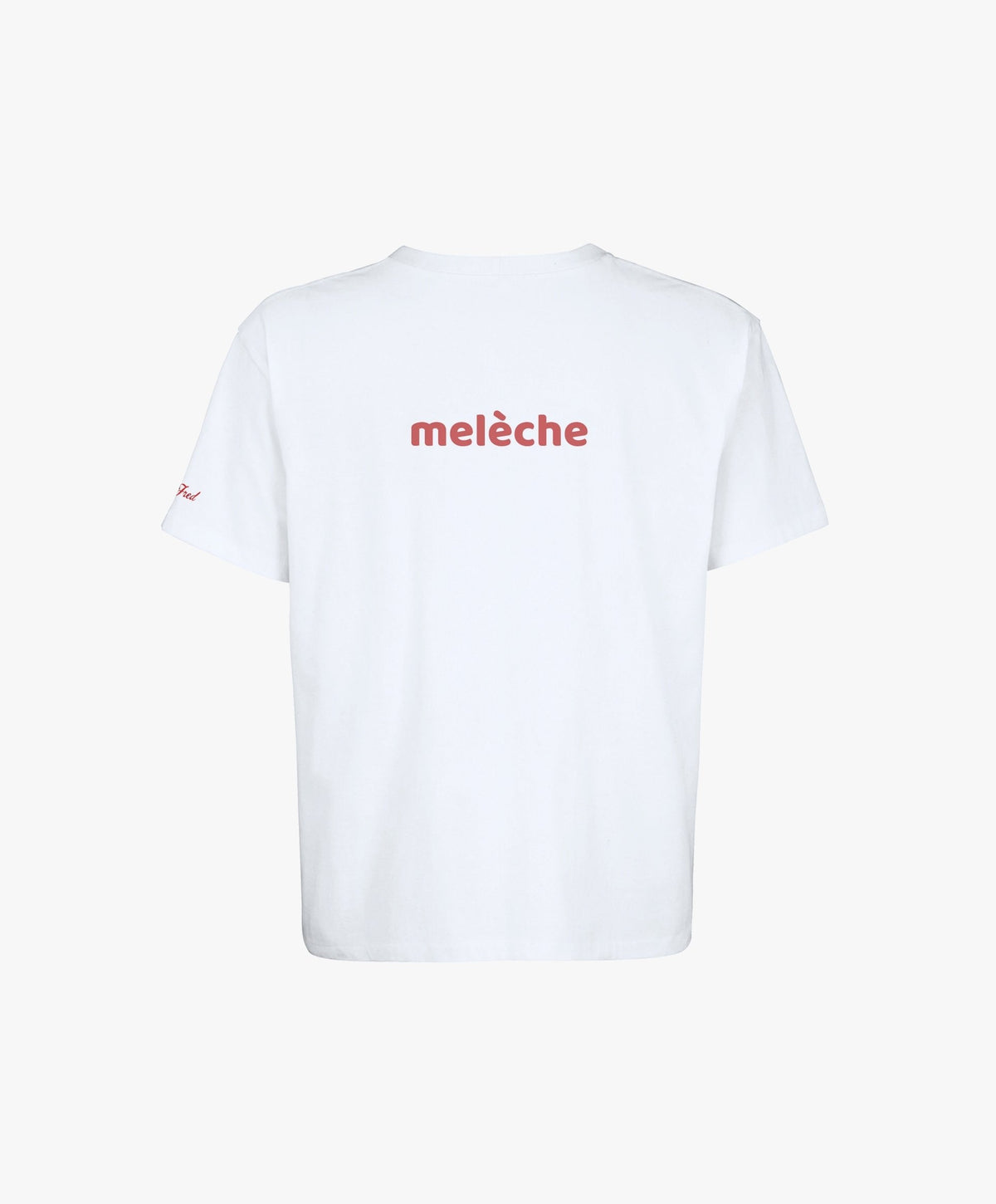Vue de dos du t-shirt oversize blanc « Melon Melèche » avec texte imprimé « melèche » centré dans le dos.
