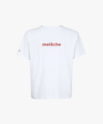 Vue de dos du t-shirt oversize blanc « Melon Melèche » avec texte imprimé « melèche » centré dans le dos.